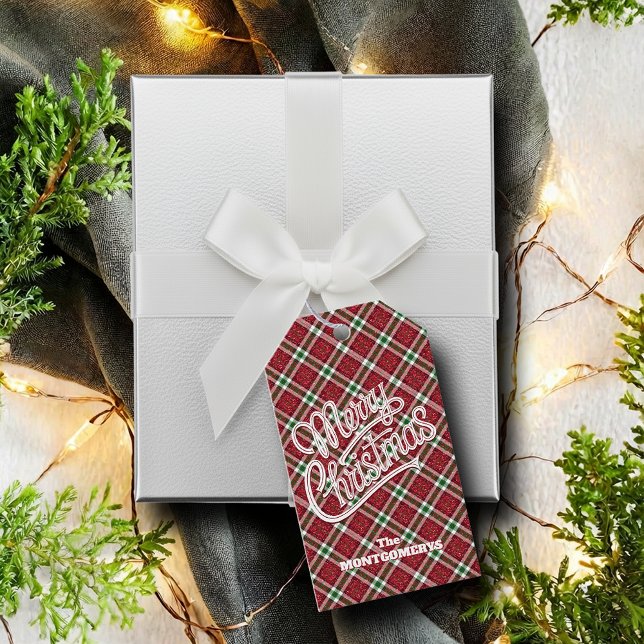 Schicker funkelnder karierter Weihnachten  Geschenkanhänger (Chic personalized faux sparkly plaid Merry Christmas favor or gift tags)