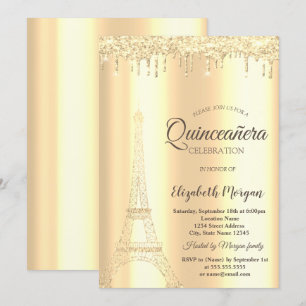 Schicker goldener Glitter-Eiffelturm, tropft Quinc Einladung