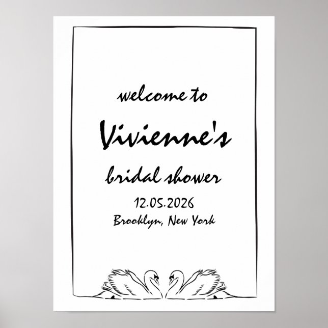 Schicker, handgezeichneter Schwan-Hochzeitsdusche- Poster (Vorne)