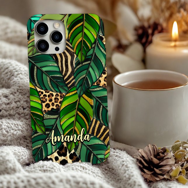 Schicker Leopardenprint Monstera-Blätter Monogramm Case-Mate iPhone Hülle (Von Creator hochgeladen)