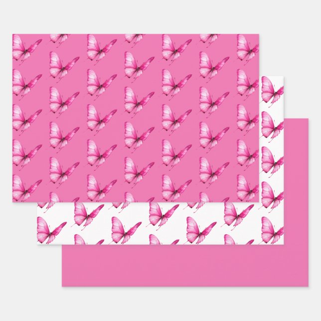 Schicker Mädchenhafter Rosa Schmetterlinge Geburts Geschenkpapier Set (Set)