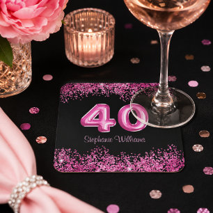 Schicker rosa Glitter und schwarze 40. Geburtstags Rechteckiger Pappuntersetzer