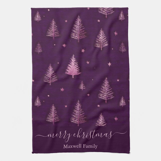 Schicker rosa-glitzer-frohe-weihnachtsbaum-name geschirrtuch (Vertikal)