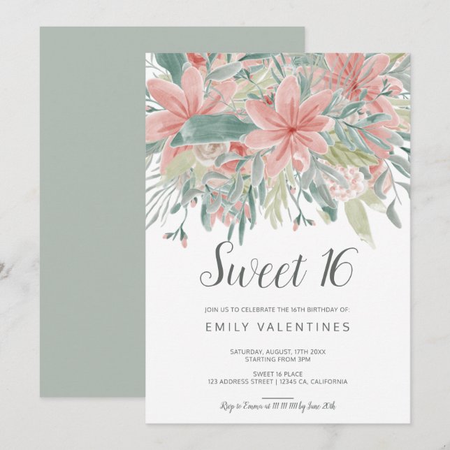 Schicker rosa grüner Blumenbonbon 16 Aquarell der Einladung (Vorne/Hinten)