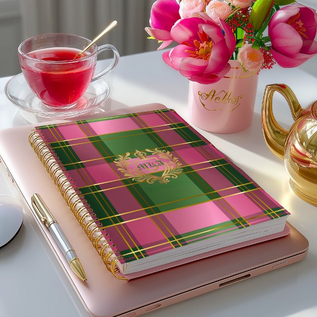Schicker rosa grüner Karo Monogramm persönlicher P Planer (Luxe Pretty Green and Pink Monogrammed Business Planner )