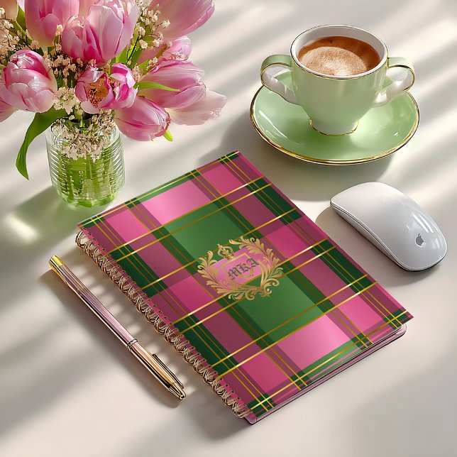 Schicker rosa grüner Karo Monogramm persönlicher P Planer (Luxe Pretty Green and Pink Monogrammed Business Planner )