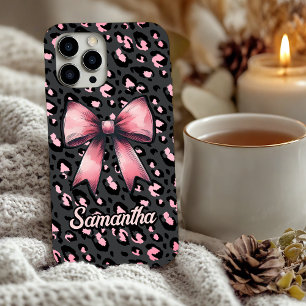schicker rosa Leopardendruck Coquette-Bogen Monogr iPhone 16 Hülle