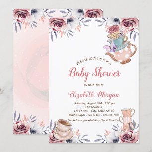 Schicker Teekanne Teetasse Blumen Teeparty Babypar Einladung