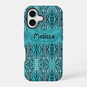 Schicker Tierdruck in Blau - Federn und Glitter iPhone 16 Hülle