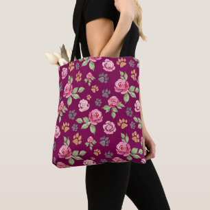 Schicker Watercolor-Blumen- und Pfotenabdruck-Tote