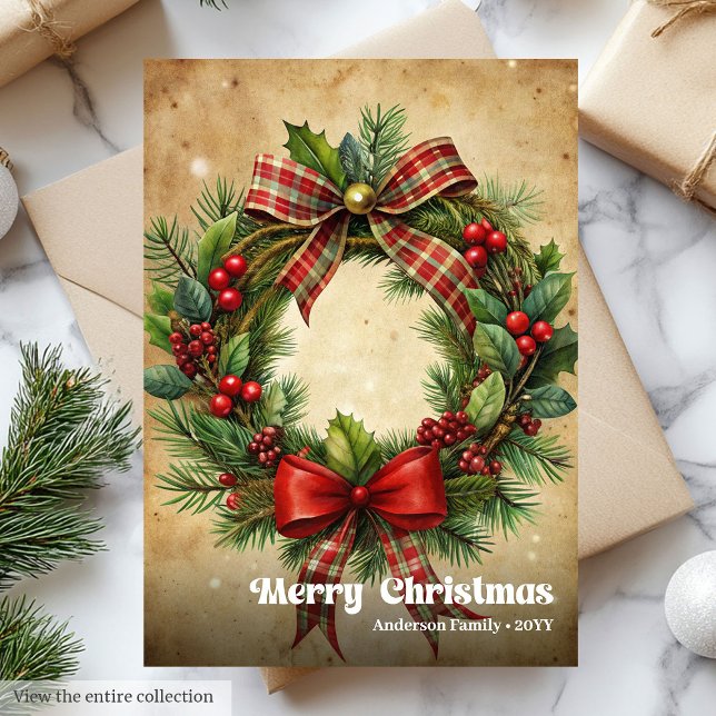 Schicker Weihnachtskranz klassische Stechpalmenbee Feiertagskarte (Chic Christmas bells classic holly berries greeting)