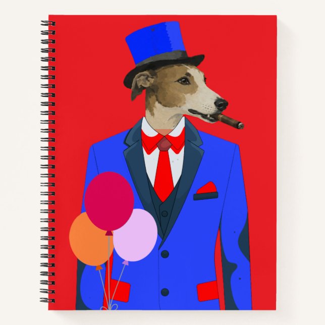 Schicker Windhundhund in blauem Anzug Notizbuch (Vorderseite)