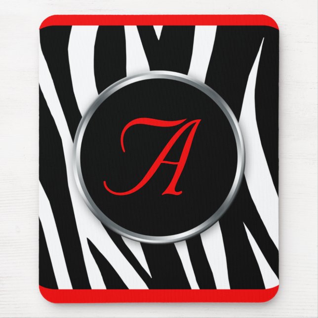 Schicker Zebra-Druck-rotes Monogramm mousepad (Vorne)