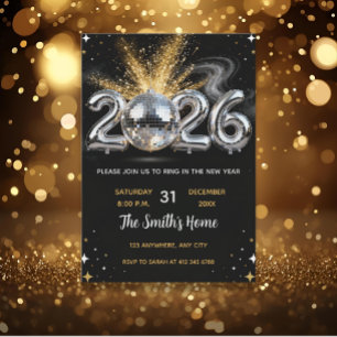 Schickes 2026 Silvesterparty Gold Glitter Schwarz  Einladung