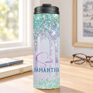Schickes aqua Einhorn Glitter Geburtstagsmonogramm Thermosbecher