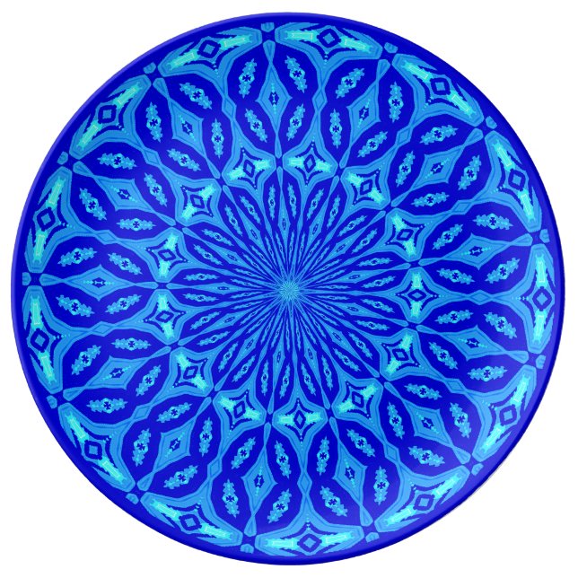 Schickes Aqua und blaue Kaleidoskop-Glühen-Mandala Porzellanteller (Vorderseite)