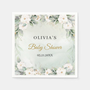 Schickes Aquarell grün und weiß Blumen Baby Shower Serviette