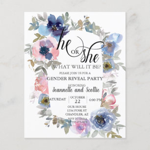 Schickes Aquarell Rosa Blaue Blume Geschlecht Enth Flyer