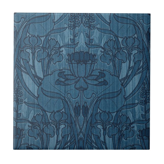 Schickes Blau Art Nouveau Iris Botanisches Muster Fliese (Vorderseite)