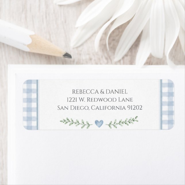 Schickes Blau Gingham Herz Baby Shower Rücksendead (Insitu)