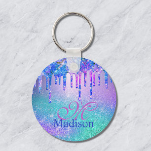 Schickes blau-lila Ombre-Glitter-Tropfen-Monogramm Schlüsselanhänger