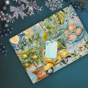 Schickes Blau Türkis Sizilianisches Florales Zitru Geschenkpapier