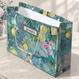 Schickes Blau Türkis Sizilianisches Zitrus Floral Große Geschenktüte