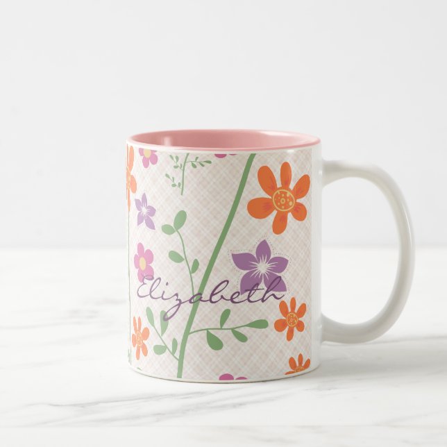 Schickes Blumenmuster-Entwurfs-Monogramm Zweifarbige Tasse (Rechts)
