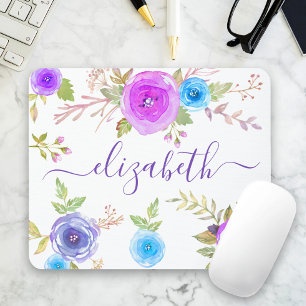 Schickes Boho-Lila-Blumen-Wasserfarbe-Monogramm-Sc Mousepad