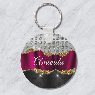 Schickes falsches Silber-Glitter Fuchsien-Schwarz- Schlüsselanhänger