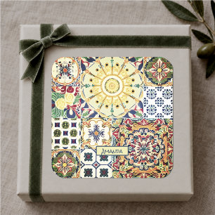 Schickes geometrisches mediterranes orangefarbenes quadratischer aufkleber