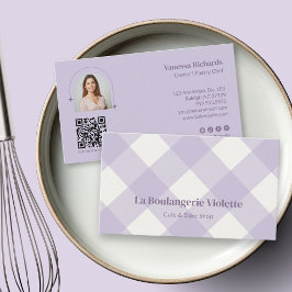 Schickes Gingham Lila Bäckerei QR-Foto Visitenkarte