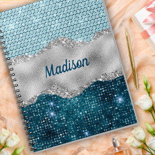 Schickes, girly Teal-Mintgrün-Glitter-Silber-Monog Notizblock