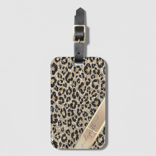 Schickes Glitter-Leoparden-Muster-Monogramm Gepäckanhänger (Vorderseite Vertikal)