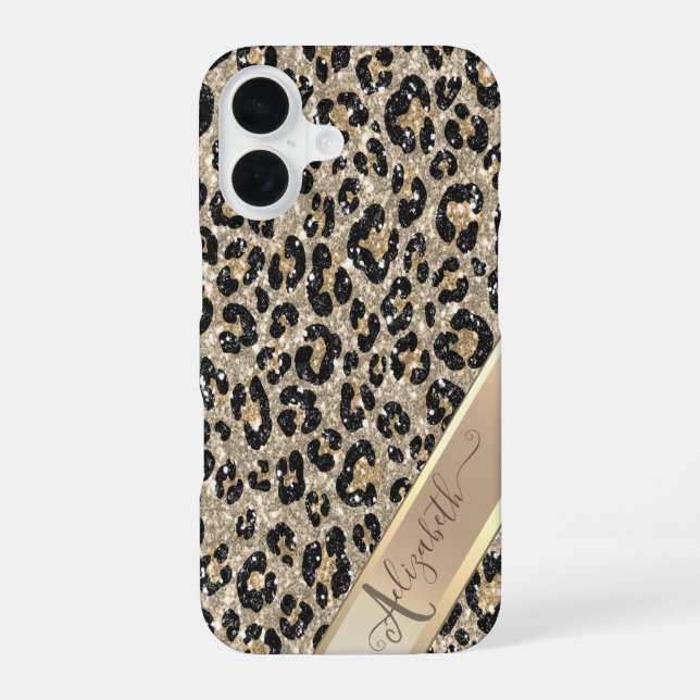 Schickes Glitter-Leoparden-Muster-Monogramm      iPhone 16 Hülle (Rückseite)