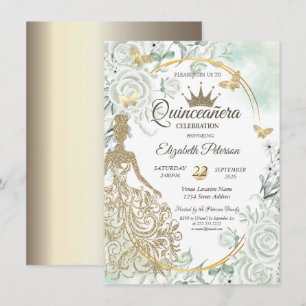 Schickes Glitterkleid, Schmetterlinge Grüne Rosen  Einladung