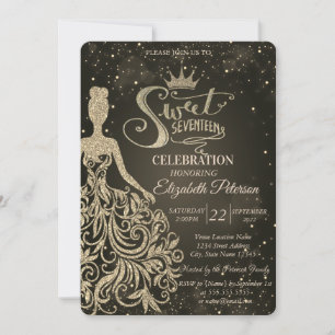 Schickes goldenes Glitterkleid, Tiara Quinceañera Einladung