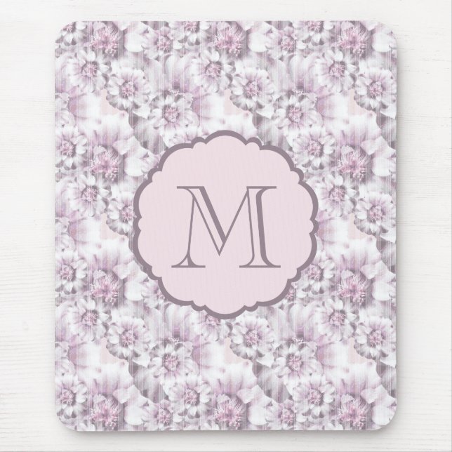 Schickes graues und rosa Blumenmuster-Monogramm Mousepad (Vorne)