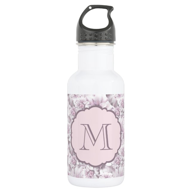 Schickes graues und rosa Blumenmuster-Monogramm Trinkflasche (Vorderseite)