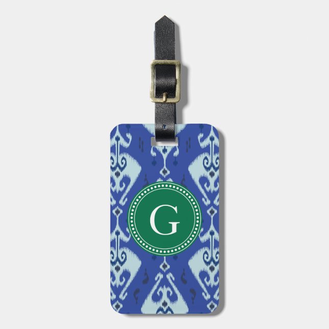 Schickes grün-blaues ikat Stammes- Mustermonogramm Gepäckanhänger (Vorderseite vertikal)