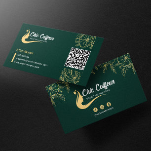 Schickes Grün-Gold-Blumen-Friseur-Schönheits-QR-Co Visitenkarte