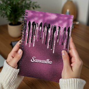 Schickes heißes Rosa schwarze Tropf Glitter Monogr Notizbuch