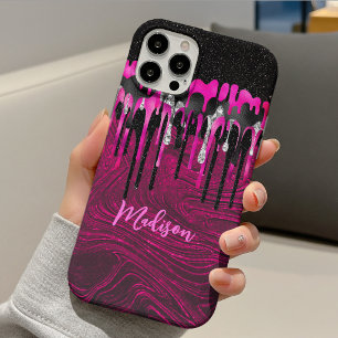 Schickes heißes rosa schwarzes Glitter-Tropfen-Mon Case-Mate iPhone Hülle