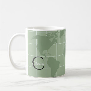 Schickes Hellgrün Weltkarte Monogramm Initial Etik Kaffeetasse