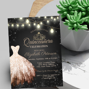 Schickes Kleid, Tiara Lichterkette dunkle Quinceañ Einladung