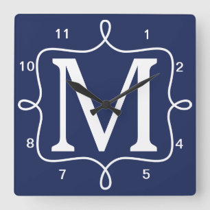 Schickes Marine-Blau-Monogramm Quadratische Wanduhr