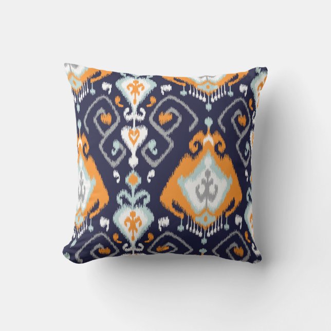 Schickes modernes orange Marineblau ikat Stammes- Kissen (Vorderseite)