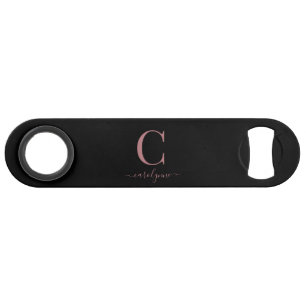Schickes modernes schwarzes Roségold-Monogramm-Skr Speed Flaschenöffner