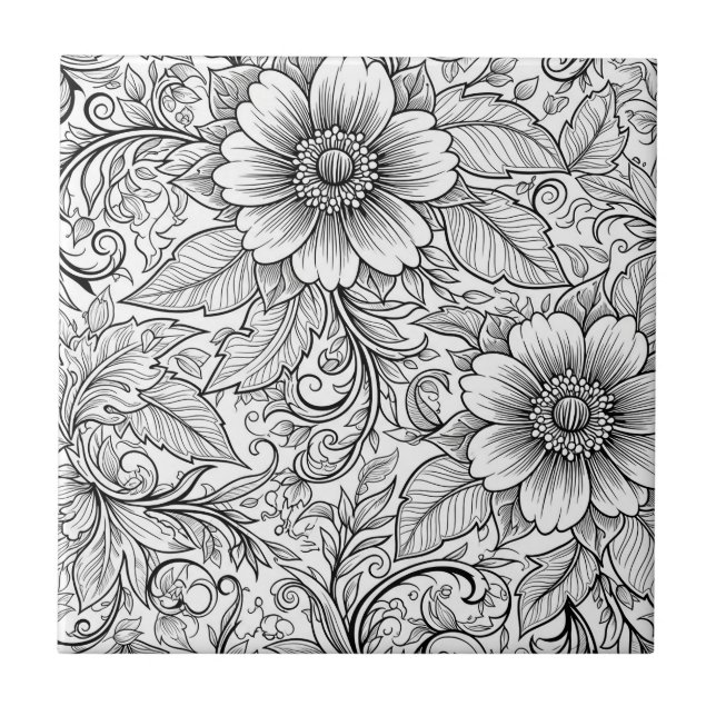 Schickes monochromes Blumenluxus-Muster (3) Fliese (Vorderseite)