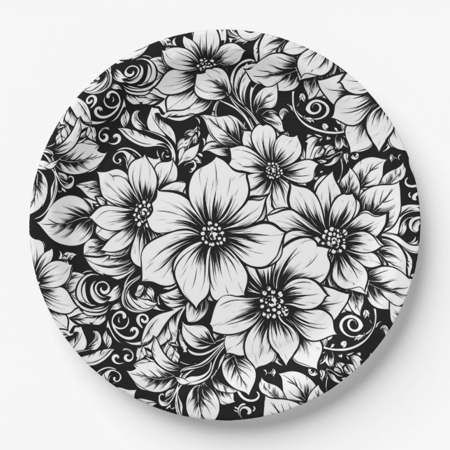 Schickes monochromes Blumenluxusmuster (1) Pappteller (Vorderseite)